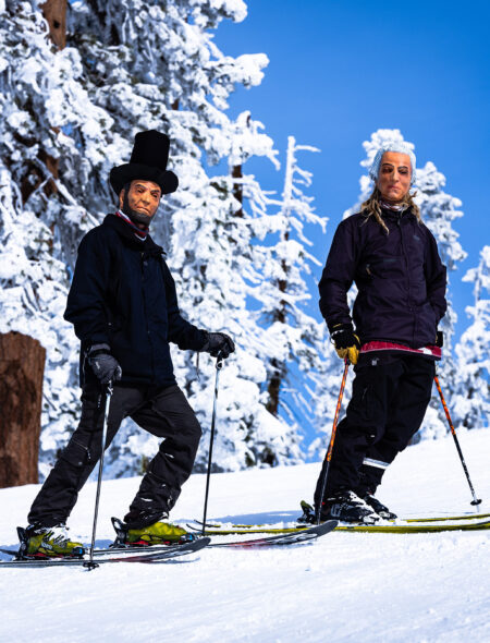 skiers in presidents masks on the slopes of diamond peak