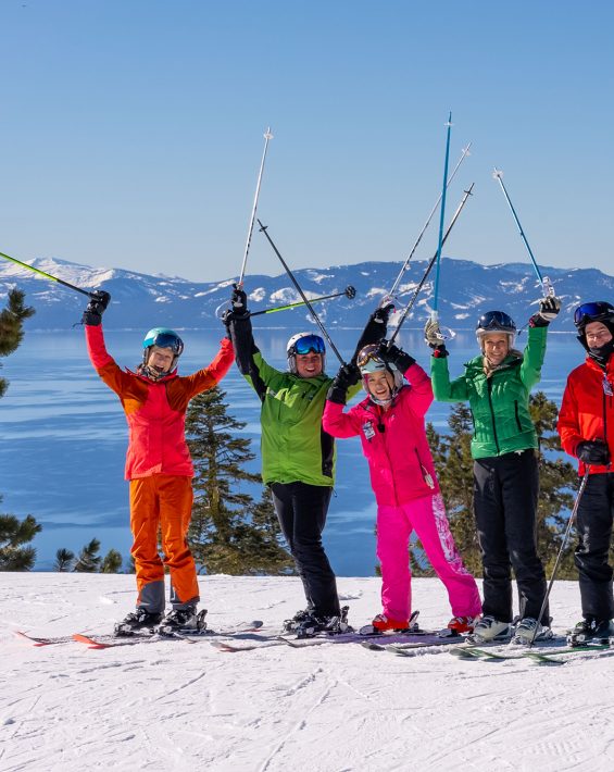 diamond peak 55 plus ski clinic group with lake tahoe in background