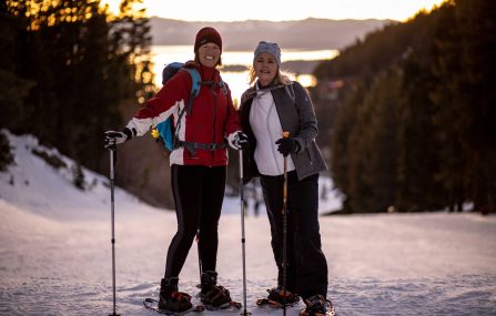 ladies snowshoe hike at sunset at diamond peak ski resort north lake tahoe