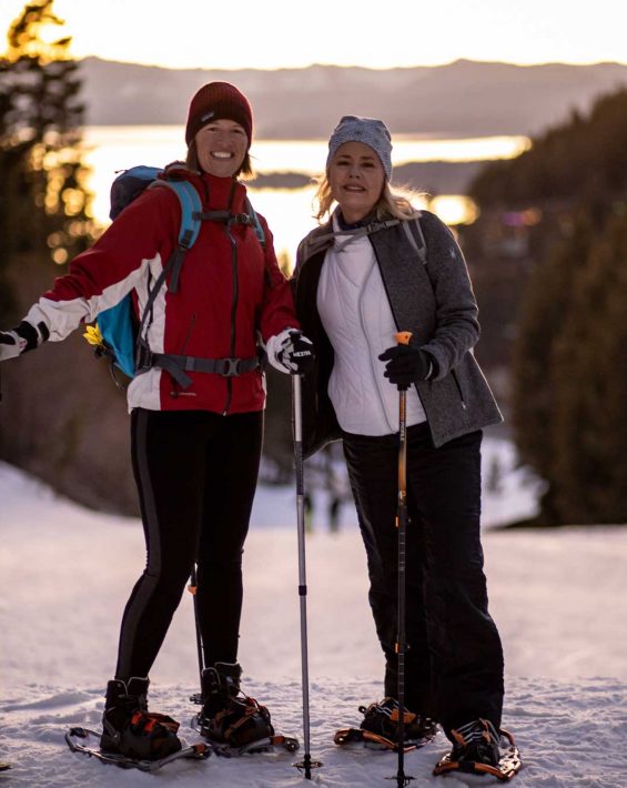 ladies snowshoe hike at sunset at diamond peak ski resort north lake tahoe