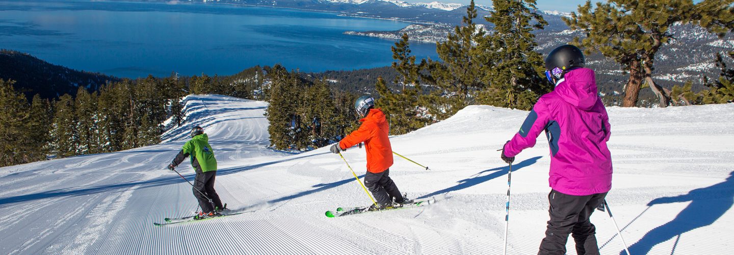 two skiers with an instructor on crystal ridge trail