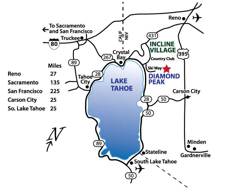 Map to Diamond Peak from Lake Tahoe regional locations