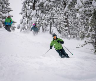ski instructor skis powder with snowy trees