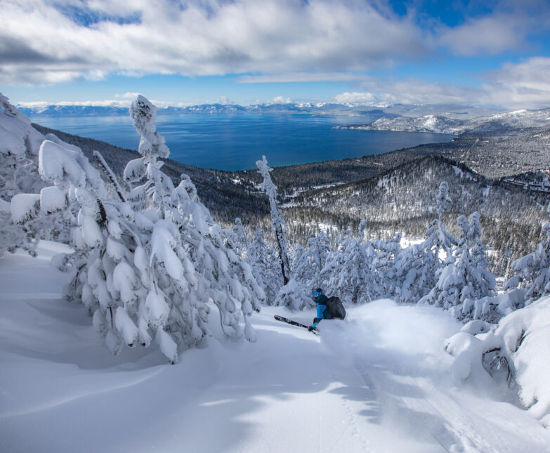 skier with lake tahoe views on a powder day with trees