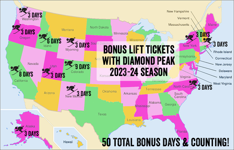 Map of Diamond Peak season pass holder bonus ski tickets for 2023-24 season