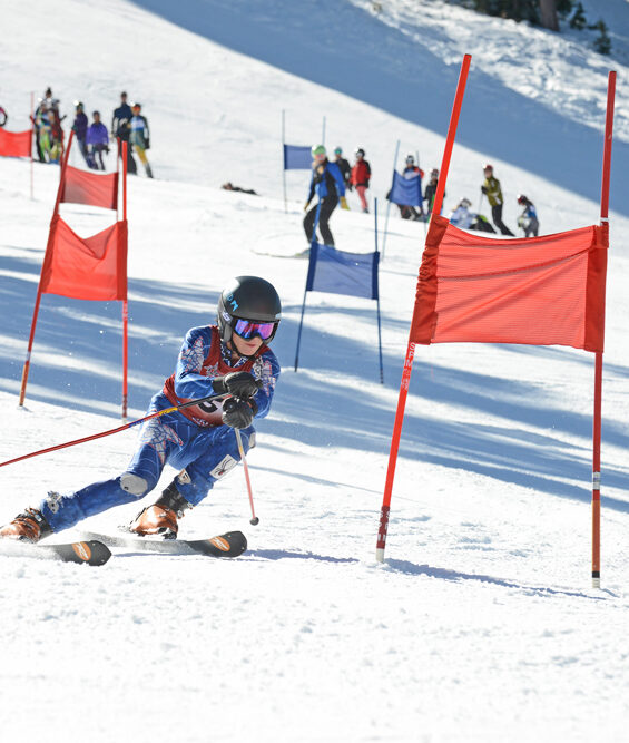 ski racer skiing around red race gate