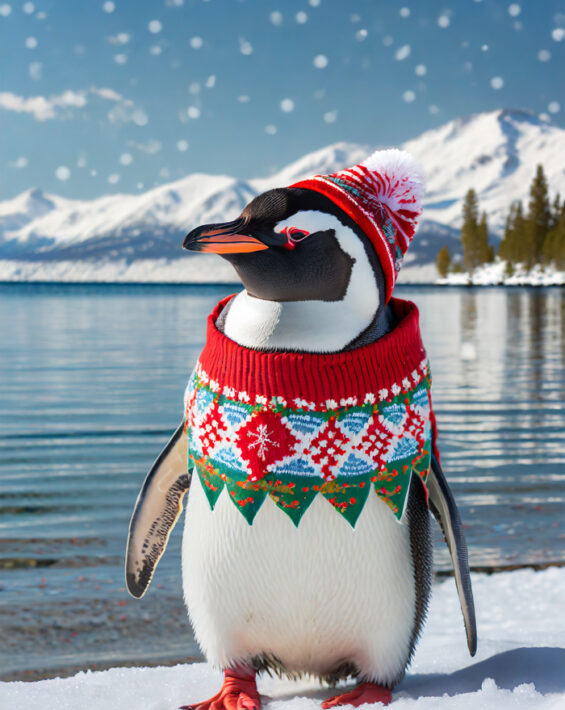 penguin wearing sweater at the lake