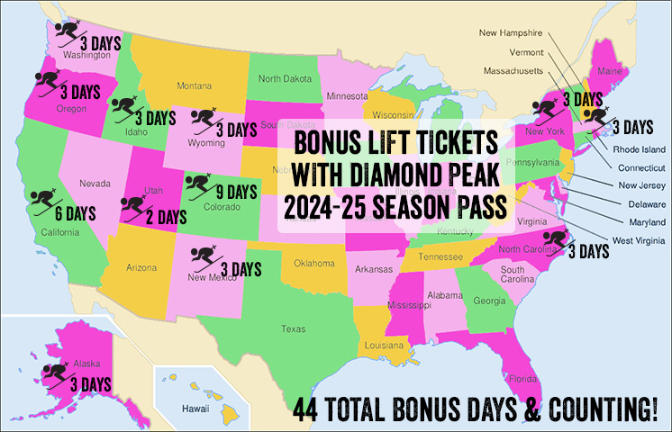 Map of Diamond Peak season pass holder bonus ski tickets for 2024-25 season