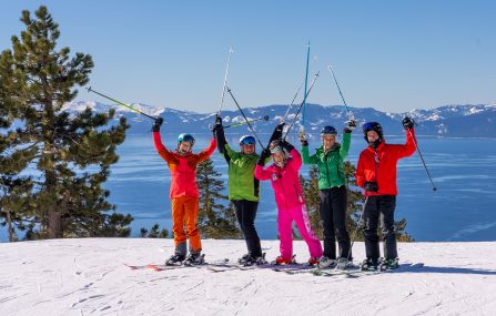 diamond peak 55 plus ski clinic group with lake tahoe in background