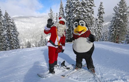 santa and penguin pete on the slopes at diamond peak