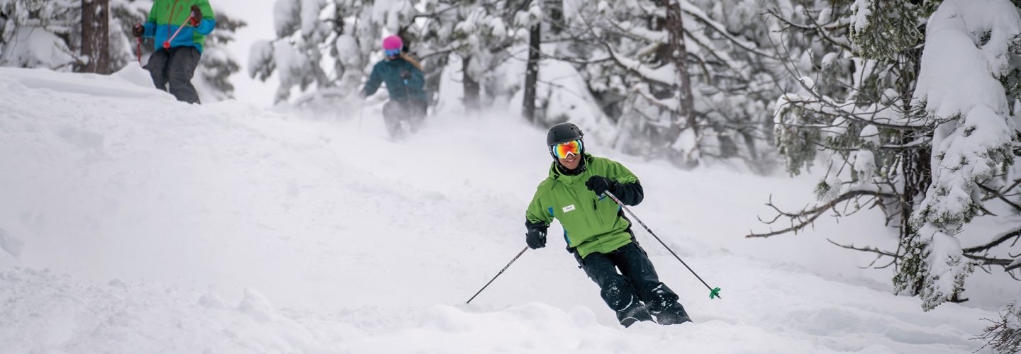 ski instructor skis powder with snowy trees