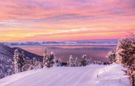 pink sunrise crystal ridge with lake tahoe views from webcam