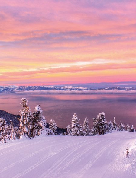 pink sunrise crystal ridge with lake tahoe views from webcam