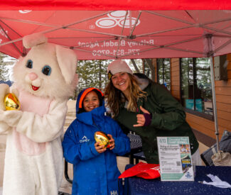 Easter bunny at Diamond Peak Ski Resort with golden egg