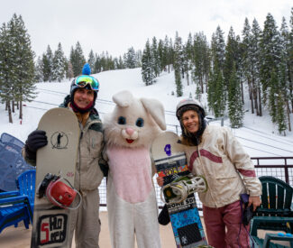 Easter bunny at Diamond Peak Ski Resort with snowboarders