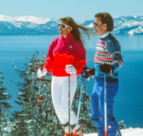 retro couple with lake tahoe views