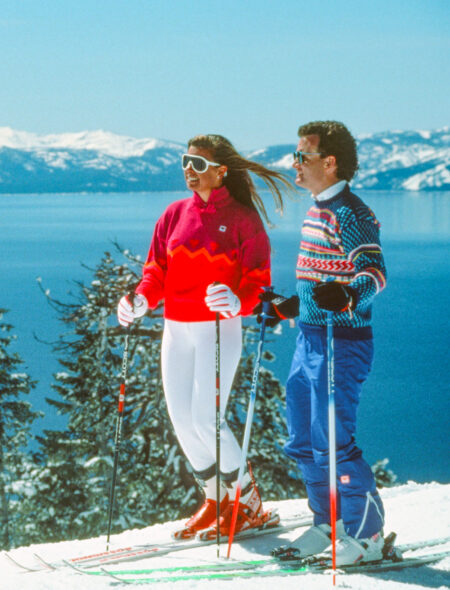 retro couple with lake tahoe views