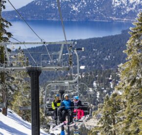 group of skiers on crystal express chairlift at Diamond Peak