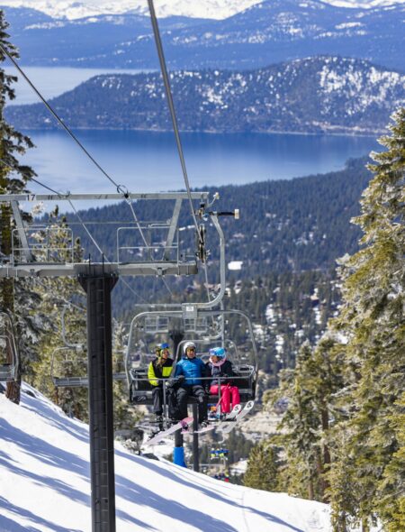 group of skiers on crystal express chairlift at Diamond Peak